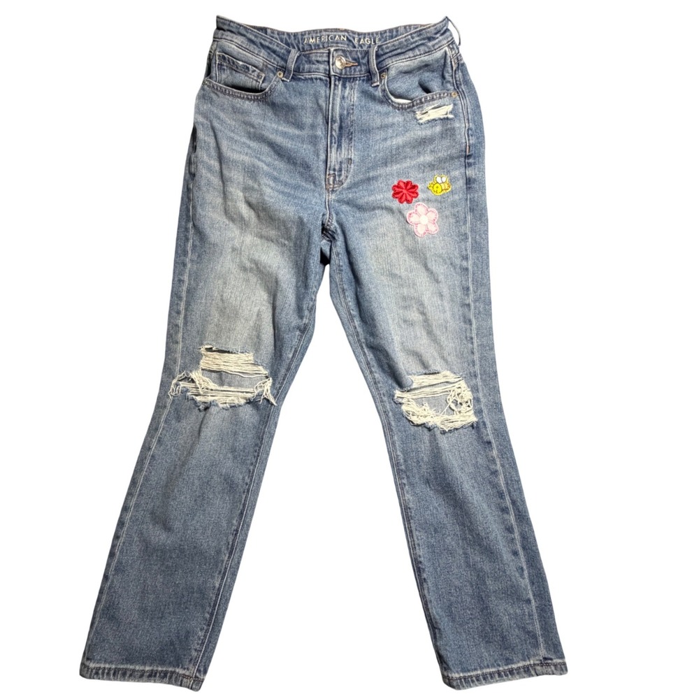Upcycled Mom Jeans Women 6 Short Light Distressed Bee Flower Hand Sewn Patches